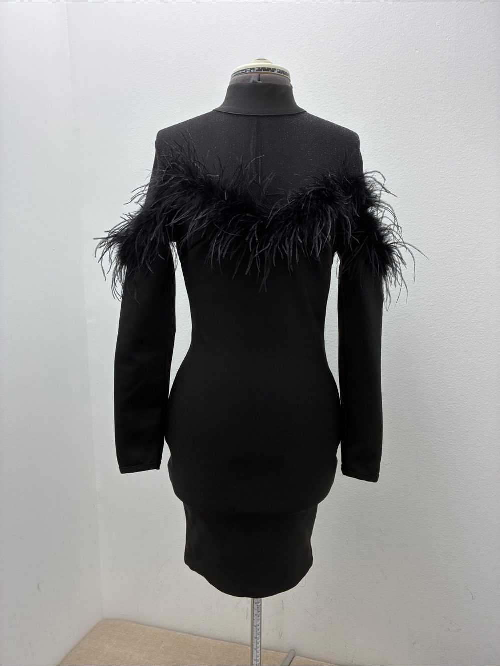 WOW couture Black Long Sleeve Feather-Trim Bodycon Dress